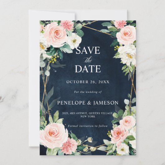 Blush Navy Dusty Blue Floral Geometric Botanical Save The Date (Vorderseite)