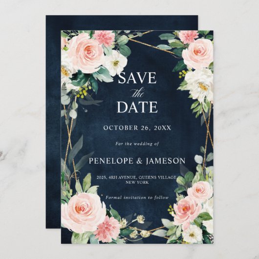 Blush Navy Dusty Blue Floral Geometric Botanical Save The Date (Vorne/Hinten)