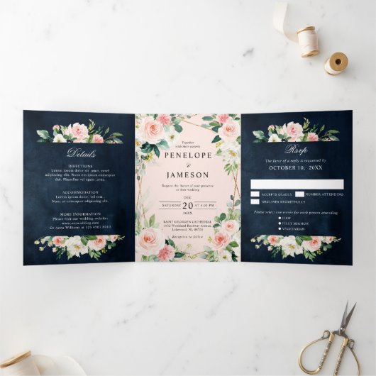 Blush Navy Dusty Blue Floral Geometric Botanical T Dreifach-gefaltete Programmkarte (Innenseite)