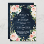 Blush Navy Dusty Blue Geometric Botanical Wedding Einladung (Vorne/Hinten)