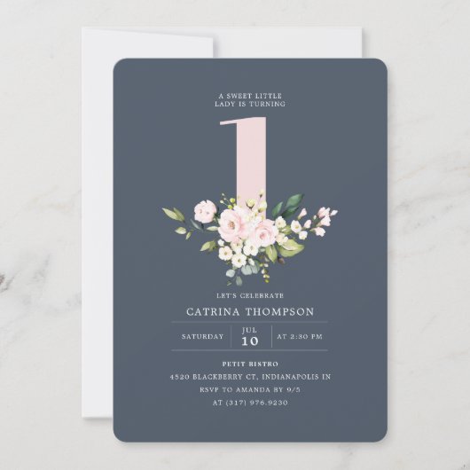 Blush & Navy Floral & Eukalyptus Girl 1. Geburtsta Einladung (Vorderseite)