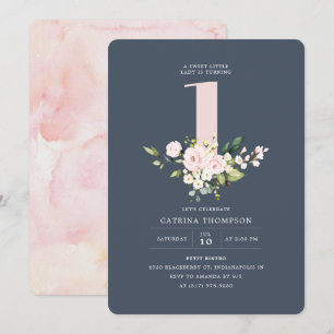 Blush & Navy Floral & Eukalyptus Girl 1. Geburtsta Einladung