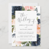 Blush Navy Floral Frame Wedding Einladung (Vorderseite)