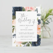 Blush Navy Floral Frame Wedding Einladung (Stehend Vorderseite)