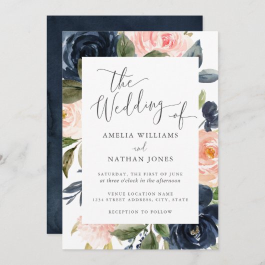 Blush Navy Floral Frame Wedding Einladung (Vorne/Hinten)