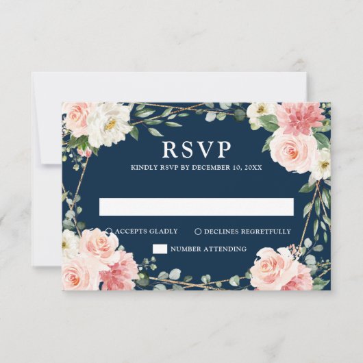 Blush Navy Floral Geometric Botanical Wedding RSVP Karte (Vorderseite)