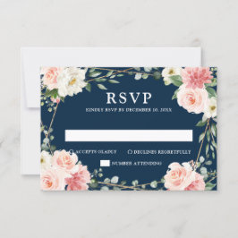 Blush Navy Floral Geometric Botanical Wedding RSVP Karte