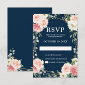 Blush Navy Floral Geometric Botanical Wedding RSVP Karte (Vorne/Hinten)