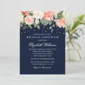 Blush Navy Floral Glitzer Sparkling Brautparty Einladung (Stehend Vorderseite)