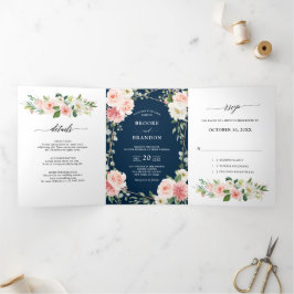 Blush Navy Floral Gold Geometric Botanical Wedding Dreifach Gefaltete Ankündigung