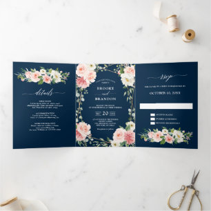 Blush Navy Floral Gold Geometric Botanical Wedding Dreifach Gefaltete Ankündigung
