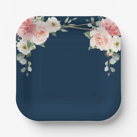 Blush Navy Floral Gold Geometric Botanical Wedding Pappteller (Vorderseite)