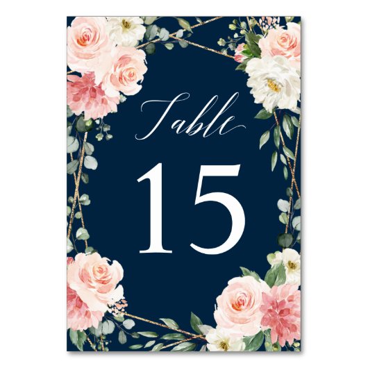 Blush Navy Floral Gold Geometric Botanical Wedding Tischnummer (Vorderseite)
