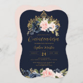Blush Navy Floral Tiara Quinceanera Einladung (Vorne/Hinten)