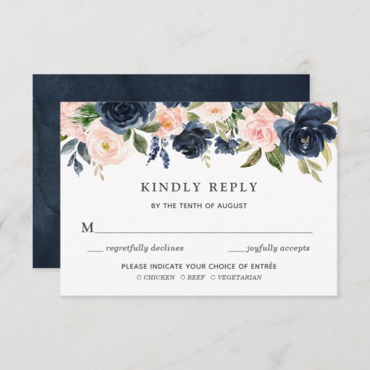 Blush & Navy Floral Wedding Einladung RSVP Karte (Vorne/Hinten)