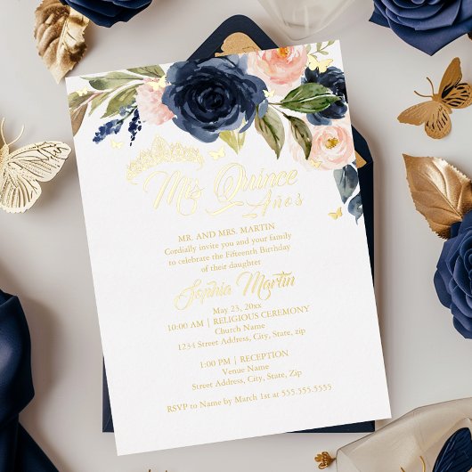 Blush Navy Gold Butterfly Quince Quinceanera Folieneinladung
