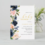 Blush Navy Gold Floral Butterfly Baby Dusche Folieneinladung (Stehend vorne)