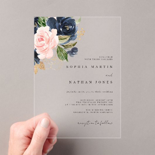 Blush Navy Gold Watercolor Florals Wedding Acryleinladungen (Insitu (Handheld))