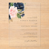 Blush Navy Gold Watercolor Florals Wedding Acryleinladungen (Vorderseite)