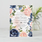 Blush & Navy Hand lackierte Wasserfarben Einladung (Stehend Vorderseite)