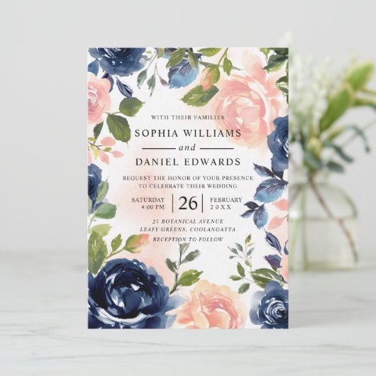 Blush & Navy Hand lackierte Wasserfarben Einladung (Stehend Vorderseite)