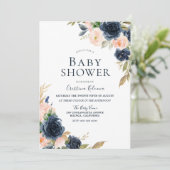 Blush & Navy Peach Blume Babydusche Einladung (Stehend Vorderseite)
