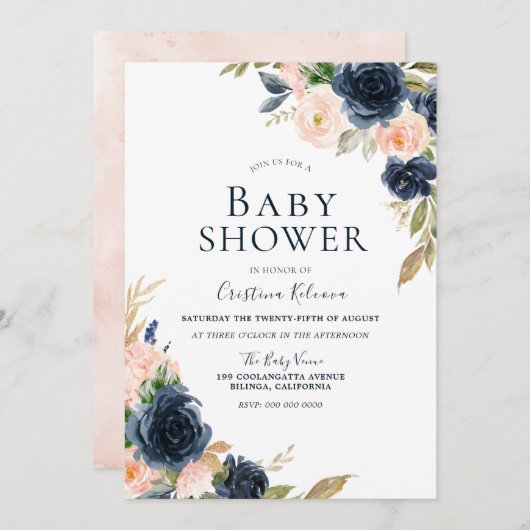 Blush & Navy Peach Blume Babydusche Einladung (Vorne/Hinten)
