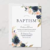 Blush & Navy Peach Blume Taufe Weihnachten Einladung (Vorderseite)
