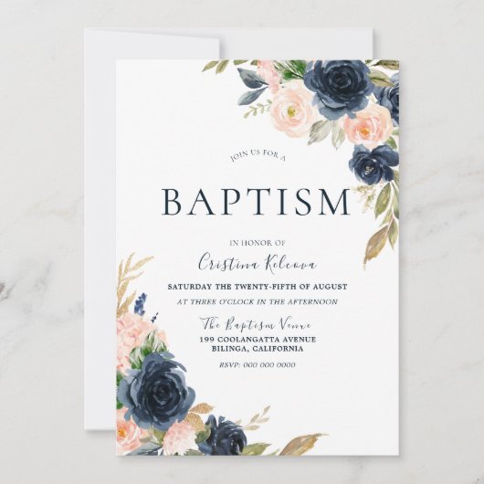 Blush & Navy Peach Blume Taufe Weihnachten Einladung (Vorderseite)