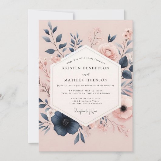 Blush & Navy Poetic Bloom Hochzeit Einladung (Vorderseite)