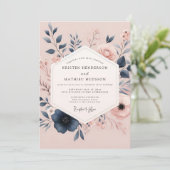 Blush & Navy Poetic Bloom Hochzeit Einladung (Stehend Vorderseite)