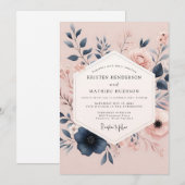 Blush & Navy Poetic Bloom Hochzeit Einladung (Vorne/Hinten)