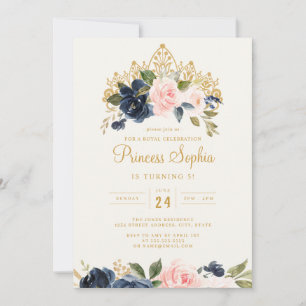 Blush Navy Princess Floral Tiara Birthday Einladung