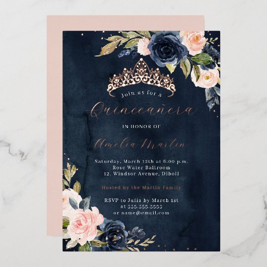 Blush Navy Rose Gold Quinceanera Folieneinladung (Vorderseite/Rückseite)