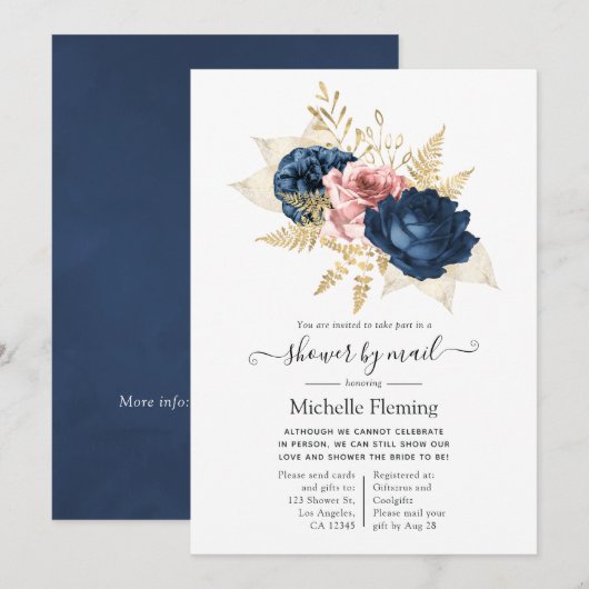 Blush, Navy und Gold Floral Shows by Mail Einladung (Vorne/Hinten)