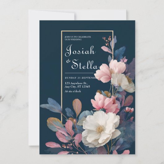 Blush & Navy Wasserfarbenblütenhochzeit Einladung (Vorderseite)