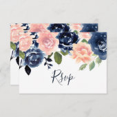 Blush & Navy Wasserfarbenblütenhochzeit RSVP Karte (Vorne/Hinten)