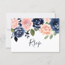Blush & Navy Wasserfarbenblütenhochzeit RSVP Karte