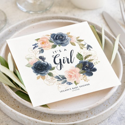 Blush Navy Wreath Watercolor Babydusche Napkins Serviette