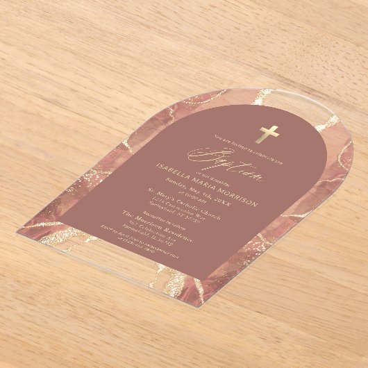 Blush Neutral Gold Agate Taufe Modernes Elegantes Acryleinladungen (Ablage )