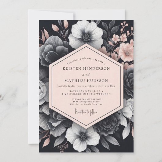 Blush Noir Chiaroscuro Flora Hochzeit Einladung (Vorderseite)