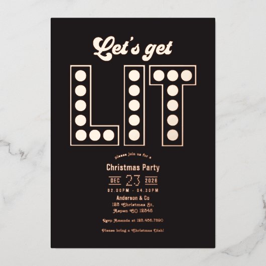 Blush Noir Let's Get Lit Retro Christmas Party Folieneinladung (Vorderseite)