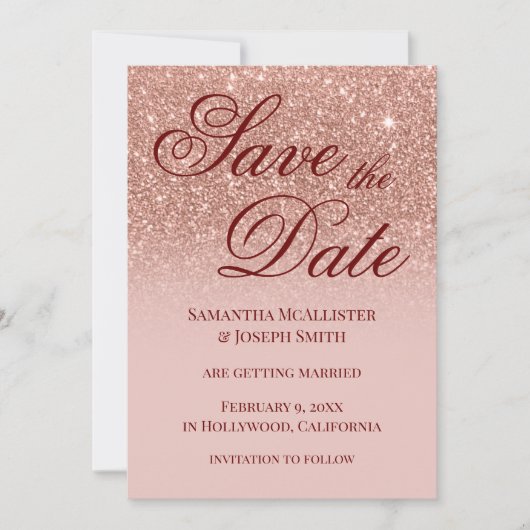 Blush Ombre Rose Gold Glitzer Save the Date Einladung (Vorderseite)