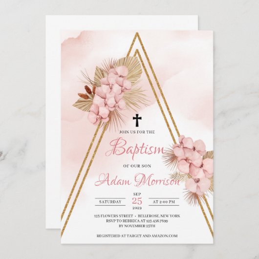 Blush Orchid Drilling Palm Blätter Gold Arch Taufe Einladung (Vorne/Hinten)