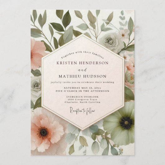 Blush Painterly Flora Wedding Einladung (Vorderseite)