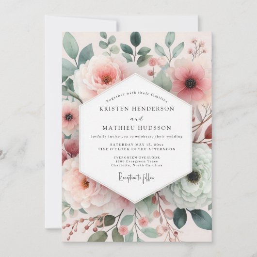 Blush Painterly Rose Wedding Einladung (Vorderseite)