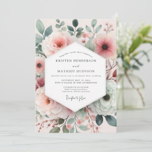 Blush Painterly Rose Wedding Einladung (Stehend Vorderseite)