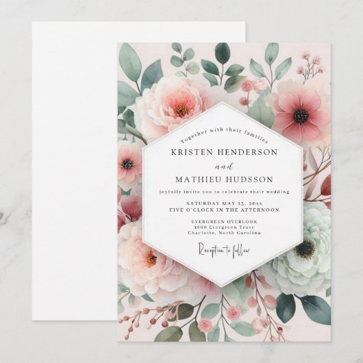 Blush Painterly Rose Wedding Einladung (Vorne/Hinten)