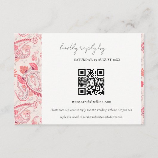 Blush Paisley Typografy Wedding RSVP QR Code Begleitkarte (Vorderseite)