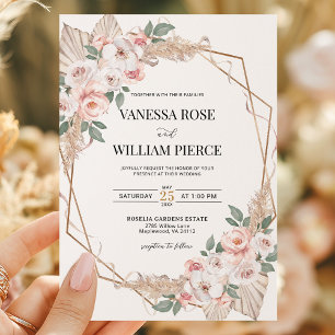 Blush Pampas Grass Boho Wedding Gold Geometric Einladung